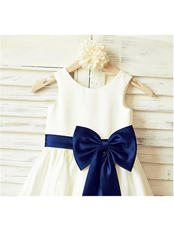 A-line Scoop Sleeveless Bowknot Tea-Length Satin Flower Girl Dresses With Blue Sash IN711