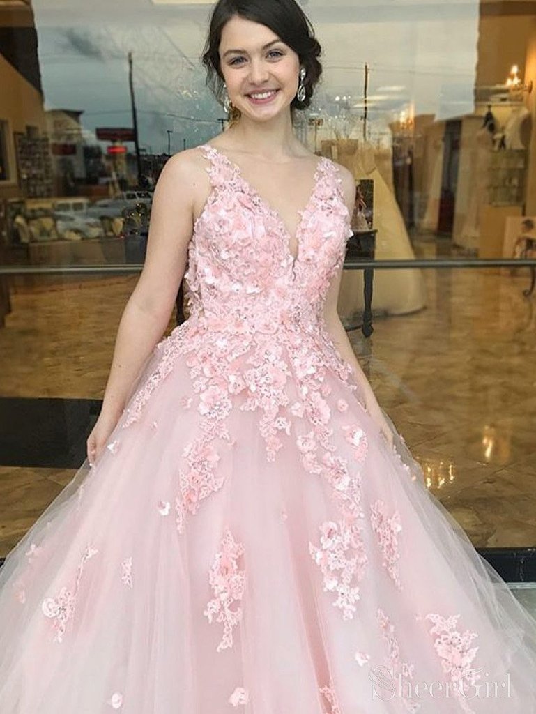 Elegant Pink Ball Gown Prom Dresses With Lace Appliques INO90