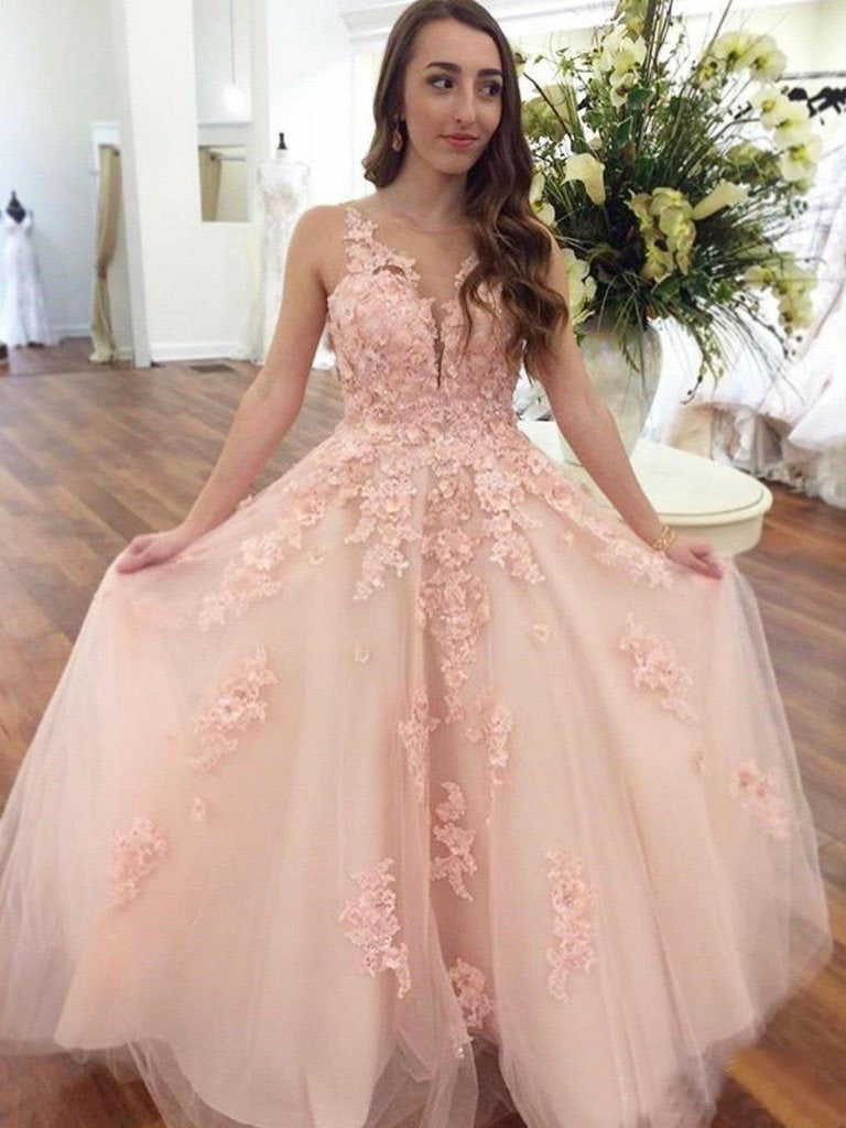 Elegant Pink Ball Gown Prom Dresses With Lace Appliques INO90
