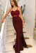 Mermaid Spaghetti Straps Long Burgundy Prom Dress with Lace Appliques INE83