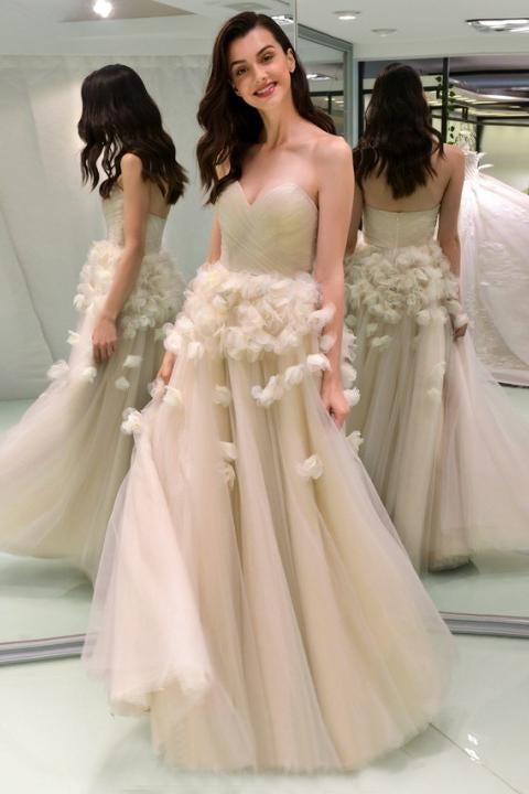Sweetheart A Line Tulle Long Pleats Prom Dress With Flowers ING86