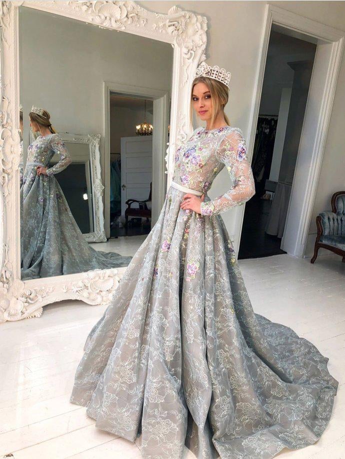 Long Sleeve Grey Lace A Line Long Evening Prom Dress for Teens ING90