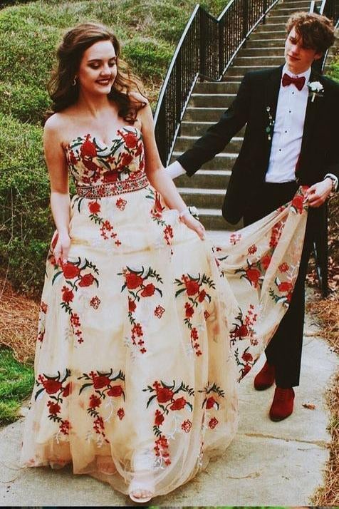 Princess A Line Strapless Tulle Long Prom Dress with Floral Appliques INF51