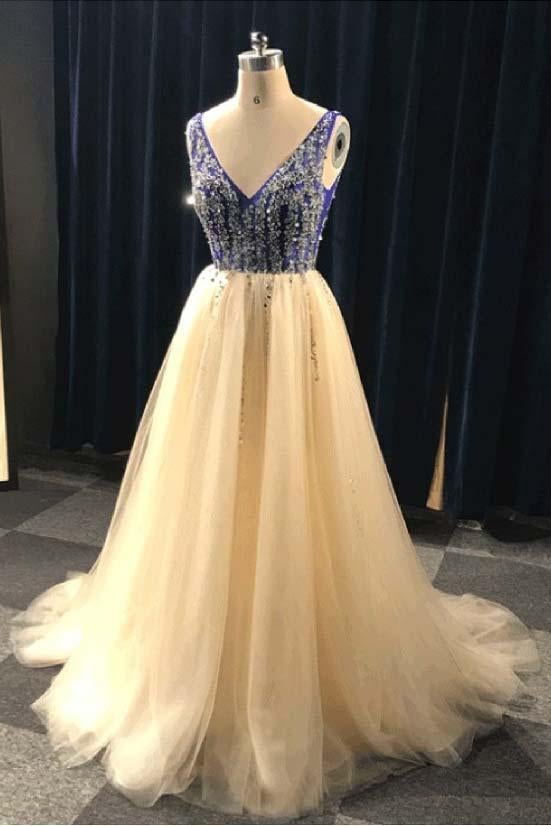 A Line V Neck Beading Tulle Long Prom Dress, Party Dresses INE84