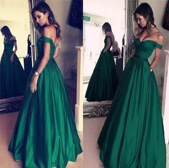 A Line Off The Shoulder Simple Green Long Cheap Prom Dresses With Pockets INH21