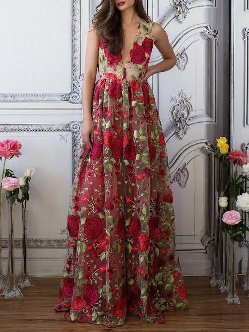 Red Floral Embroidery See Through Long Elegant Formal Prom Dresses ING89