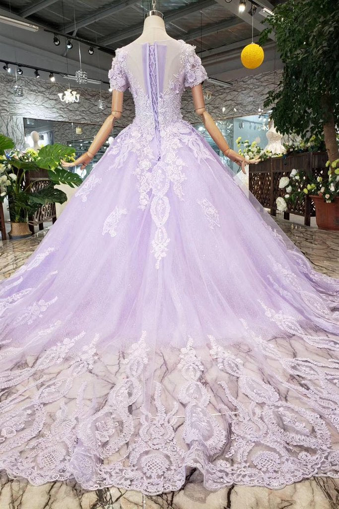 Lilac Ball Gown Short Sleeves Prom Dresses with Lace, Quinceanera Dress INL41