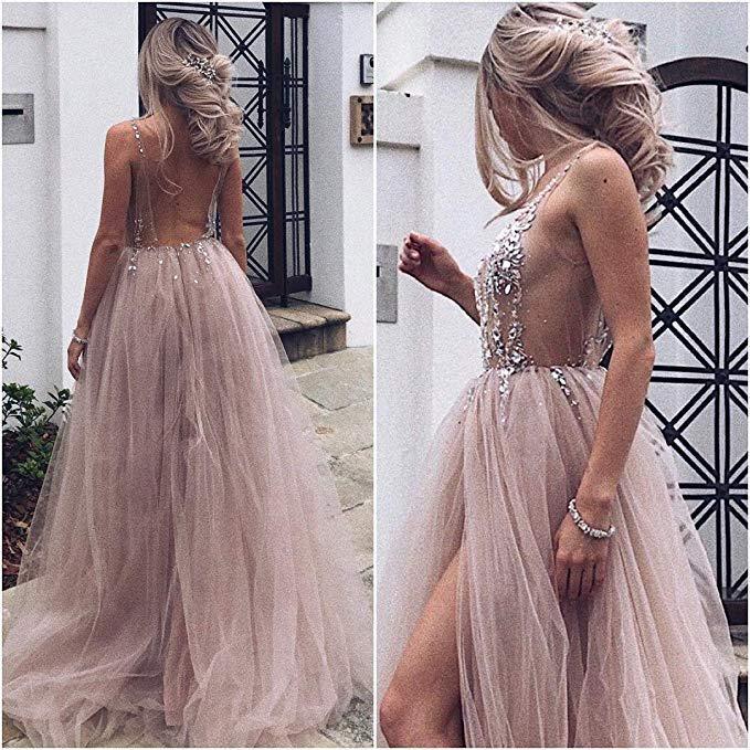 Dusty Pink A Line Tulle Prom Dress, V Neck Long Graduation Dress with Rhinestone INJ48