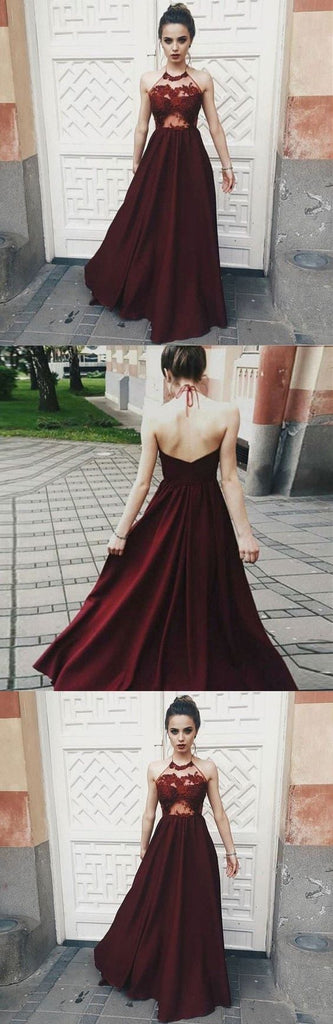 Sexy Halter Dark Burgundy Long Sleeveless Prom Dresses with Appliques IN733