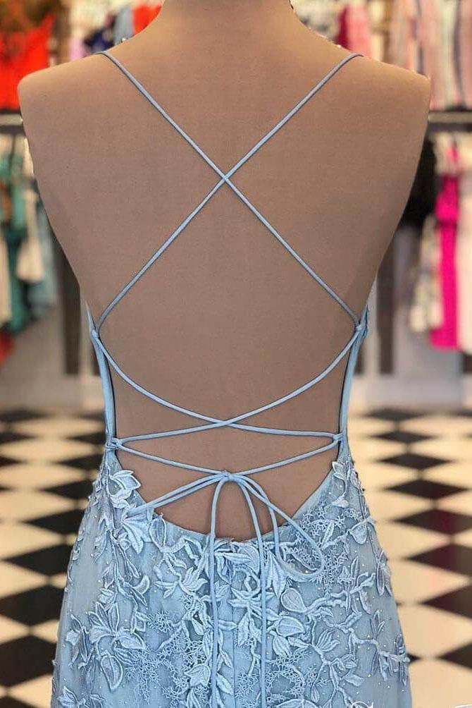 Blue Lace Applique Mermaid Sexy Cheap Long Prom Dress INE39