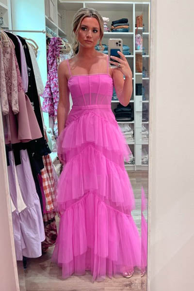 Hot Pink A Line Tulle Long Prom Dress Layered Ruffles Formal Evening Gown INDP1