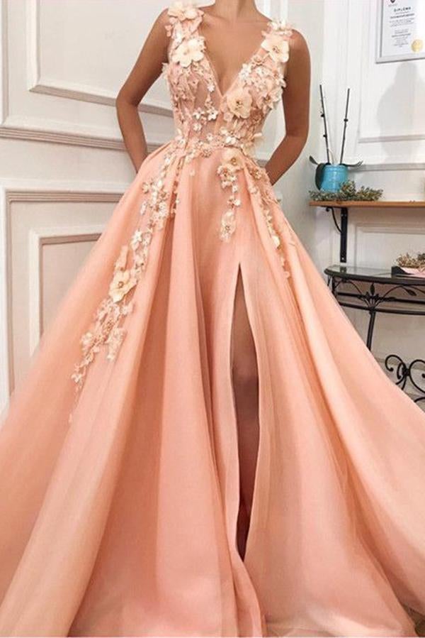 Charming V neck Long Prom Dress,Tulle Evening Party Dress with Flower INH55