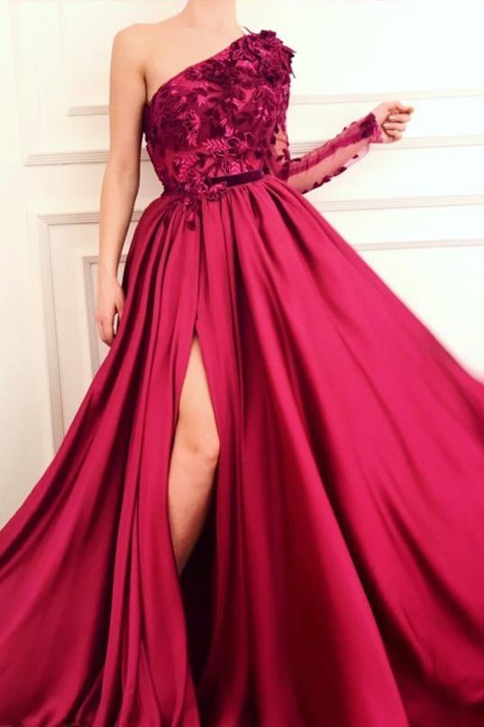 Burgundy A Line Applique Long Sleeve One Shoulder Prom Dresses With Slit INH61