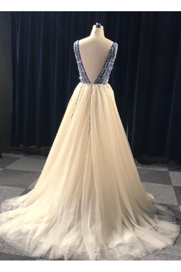 A Line V Neck Beading Tulle Long Prom Dress, Party Dresses INE84