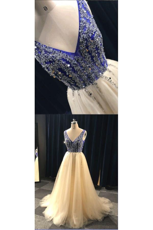 A Line V Neck Beading Tulle Long Prom Dress, Party Dresses INE84