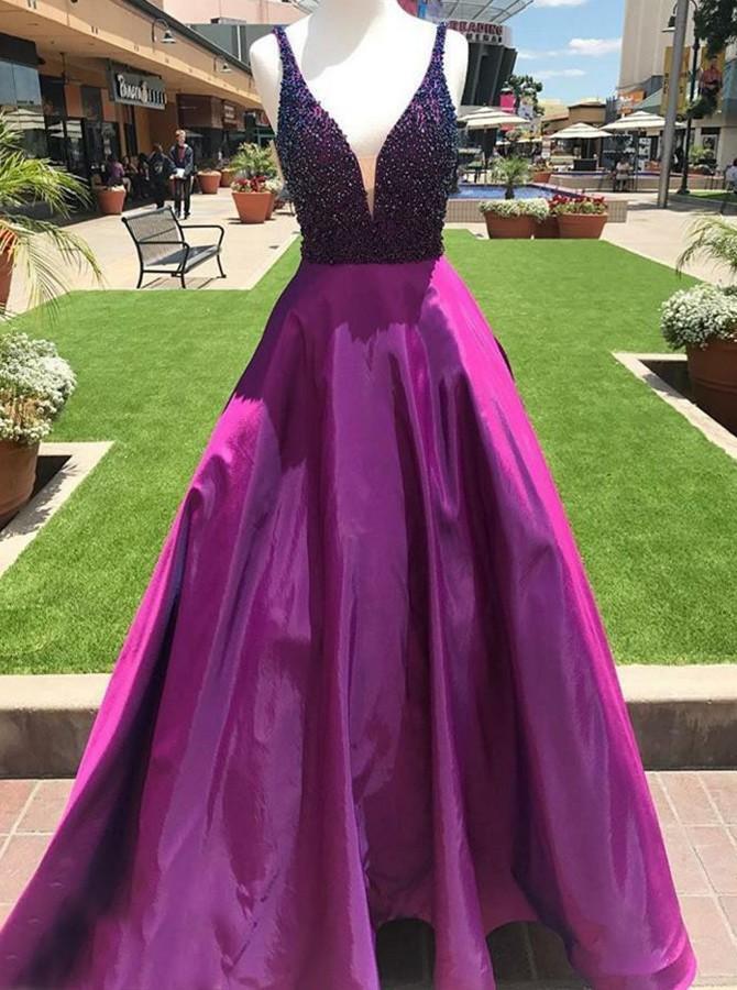 Purple A Line Beading V Neck Prom Gown With Pockets Cheap Formal Evening Dress INI65