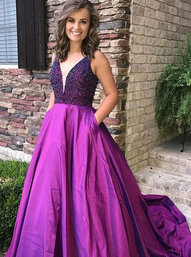 Purple A Line Beading V Neck Prom Gown With Pockets Cheap Formal Evening Dress INI65
