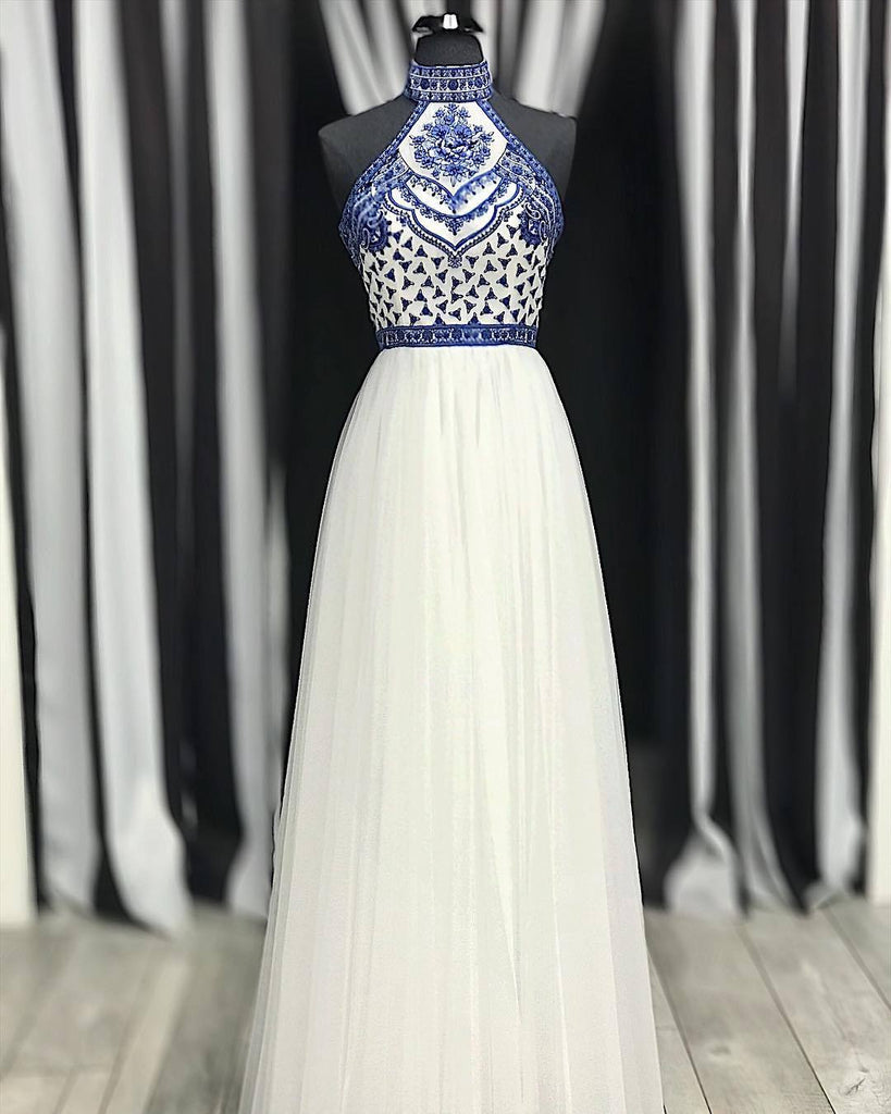 A Line Off White Halter Prom Dresses Cheap Long Formal Party Dress INJ57