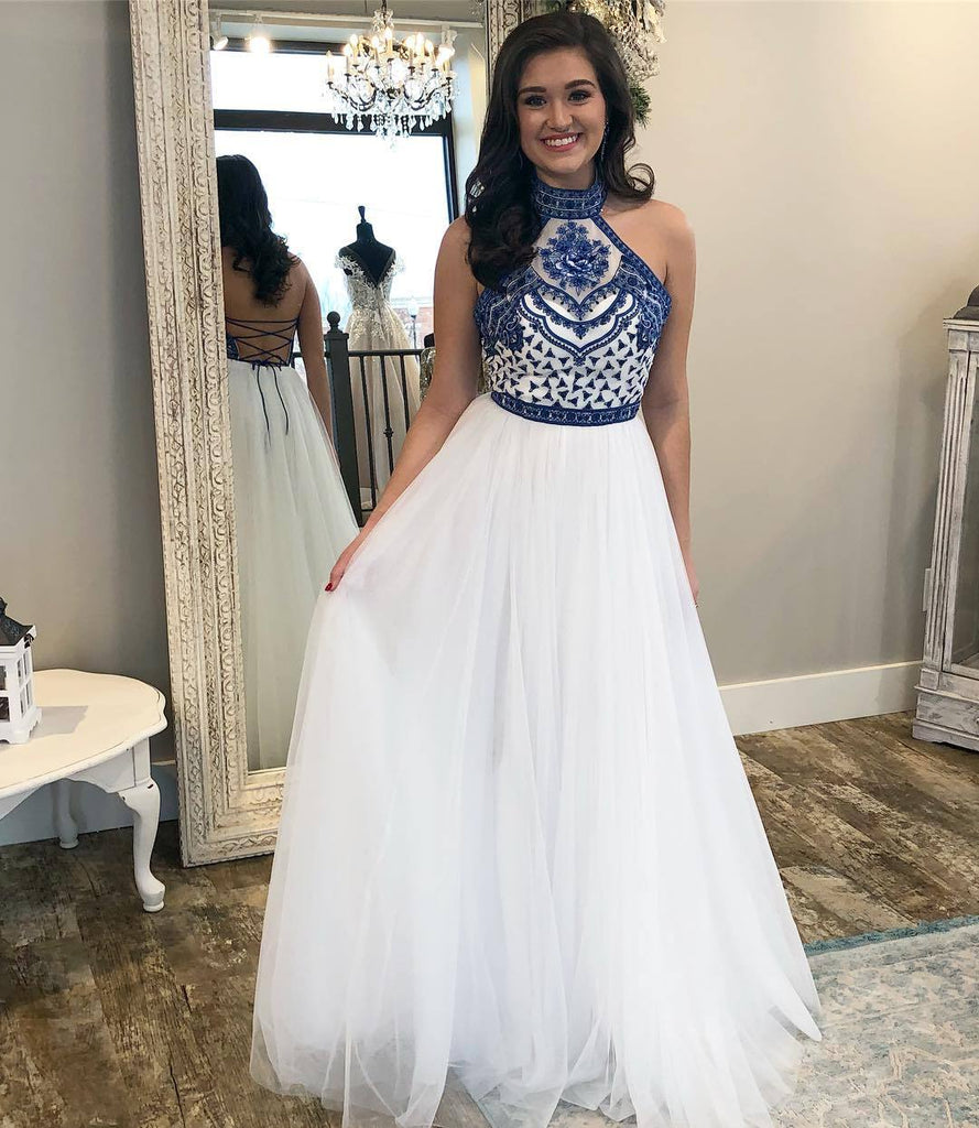 A Line Off White Halter Prom Dresses Cheap Long Formal Party Dress INJ57