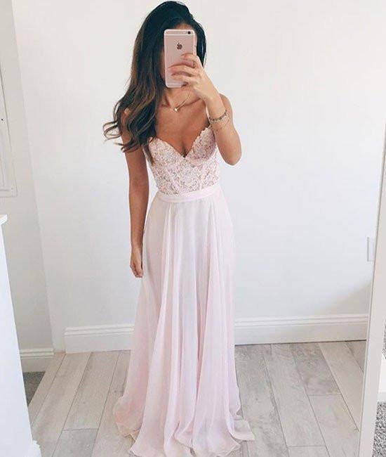 Chiffon A-Line Long Evening Dress, Lace Top Charming Prom Dresses INE24