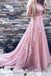 A-Line Court Train Backless Pink Tulle Prom Dress with Lace Appliques INE41
