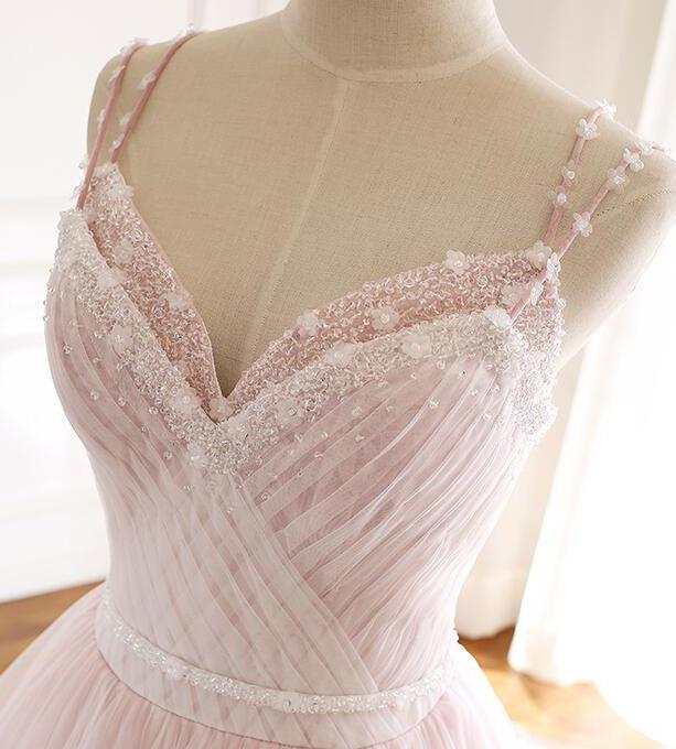 Pink Tulle Prom Dress with Lace Appliques, A Line Formal Evening Party Dresses INJ50