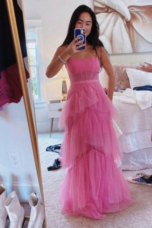 Hot Pink A Line Tulle Long Prom Dress Layered Ruffles Formal Evening Gown INDP1