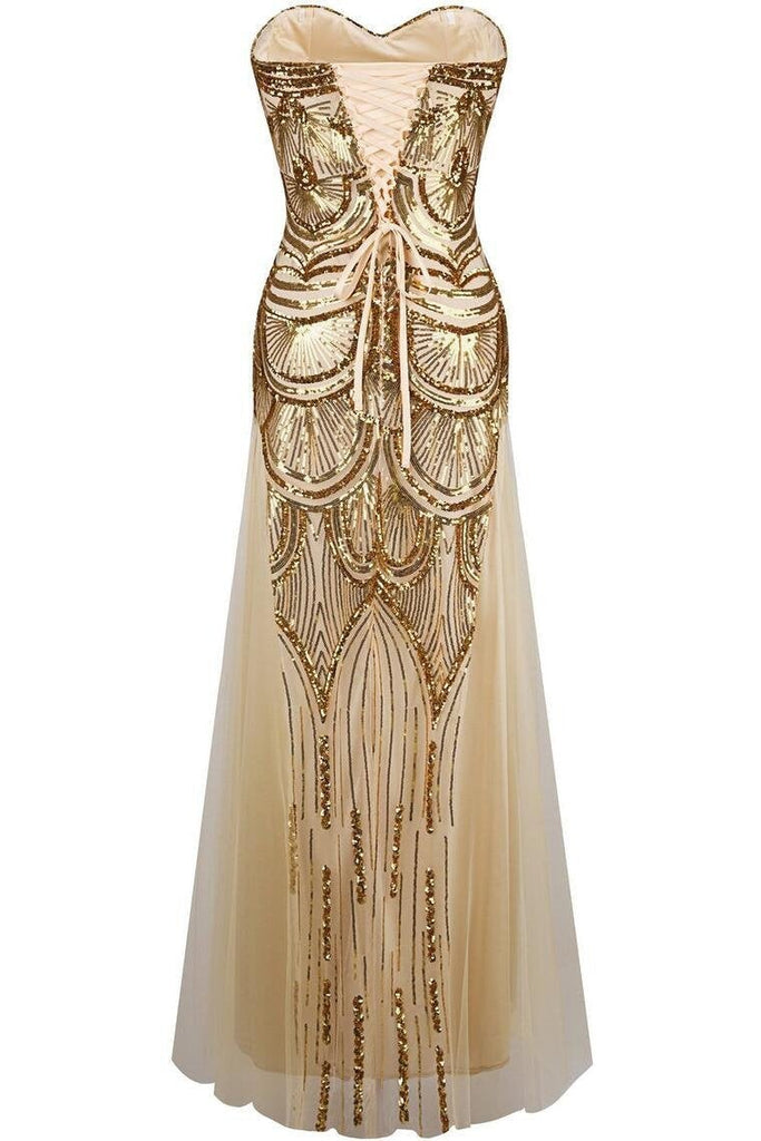 Mermaid Gold Tulle Sequins Prom Dress,Sweetheart Long Bridesmaid Dresses INE78
