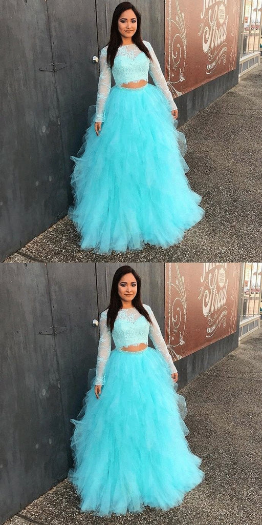 Full Sleeve Evening Dress, Two Piece Tulle Lace Top Prom Dress, Elegant Formal Dress INE90