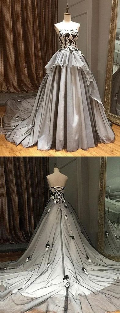 Vintage A Line Strapless Gray Cheap Appliques Long Prom Dress INF69