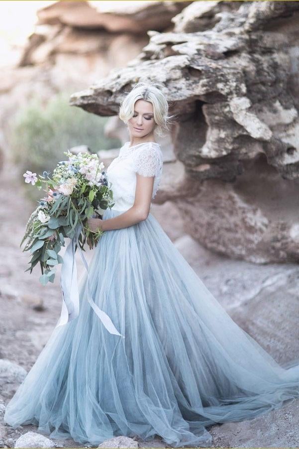 Beautiful lace Top Short Sleeves Prom Dress, A Line Cheap Wedding Dresses ING4
