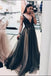 Black Deep V Neck A Line Prom Dresses,Long Tulle Evening Dress IND27