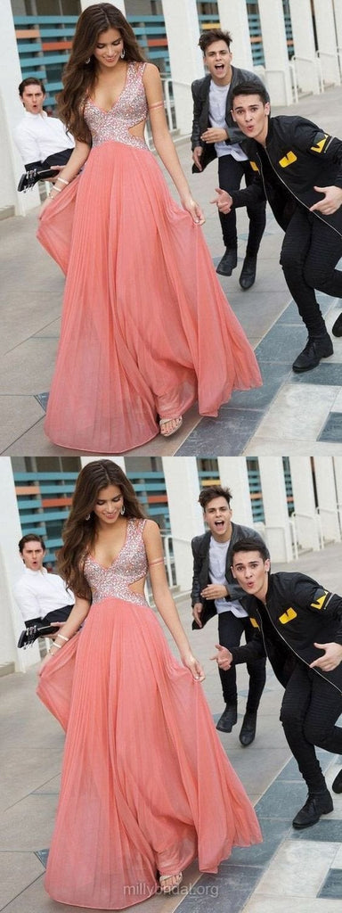 New A Line Backless Long V Neck Beads Chiffon Prom Dress INF4