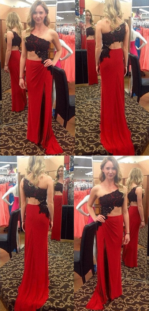 Black Lace One Shoulder Red Sexy Prom Dress,Long Party Dresses INE54