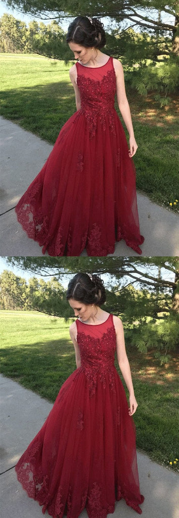 A Line Red Appliques Long Tulle Formal Prom Dresses INE47