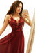 A Line Spaghetti Straps Flowers Burgundy Long Prom Dresses INJ37