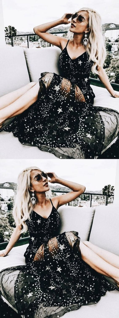 Sexy Sparkly Black Spaghetti Straps A Line Star Long Prom Dress ING9