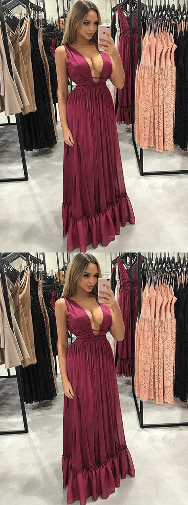 Sexy A-Line V-Neck Pleated Burgundy Chiffon Prom Party Dress INF8