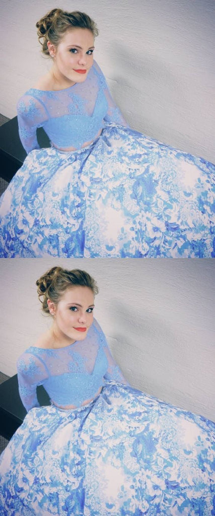 Two Piece Prom Dresses With Long Sleeves, White Blue Printed Prom Dresses INH51