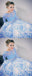 Two Piece Prom Dresses With Long Sleeves, White Blue Printed Prom Dresses INH51