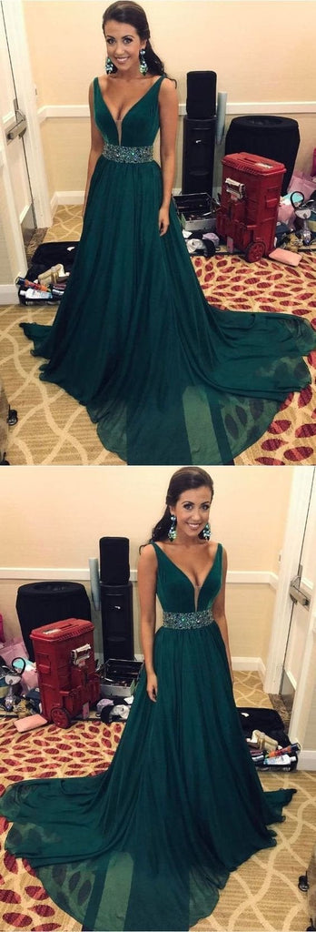 Simple V-Neck Sweep Train Dark Green Chiffon Prom Dress with Beading INF67