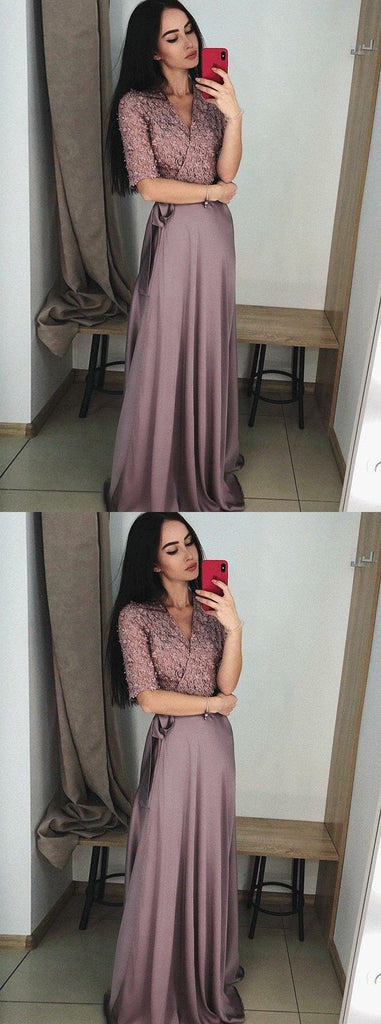A Line V-Neck Half Sleeves Purple Long Prom Dress with Lace Top INF7