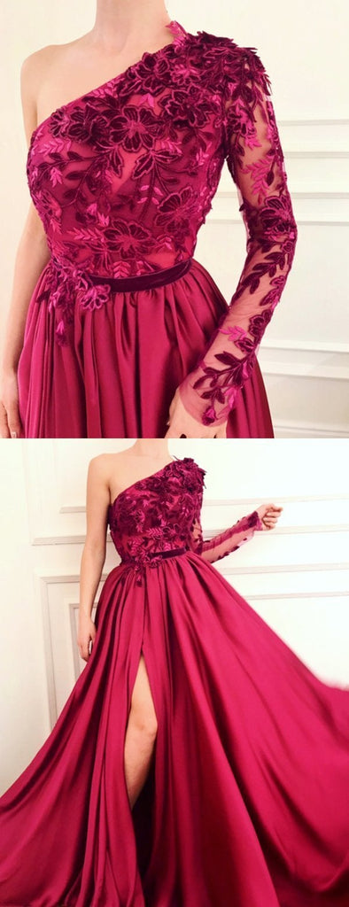 Burgundy A Line Applique Long Sleeve One Shoulder Prom Dresses With Slit INH61