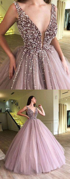 V Neck Tulle Long Ball Gown Prom Dress, Formal Evening Dress INE20