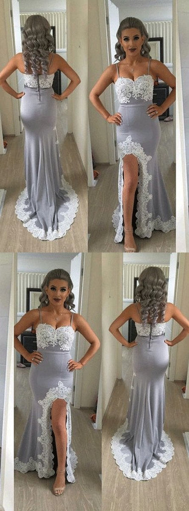 Mermaid Split Side Sexy Spaghetti Straps Lace Long Prom Dress INF12