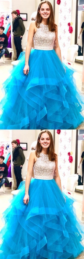 Beaded Organza Ruffles Ice Blue Ball Gown Prom Dress INE57