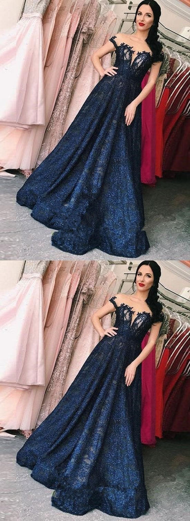 Lace A-line Dark Blue Long Prom Dress,V Neck Evening Dresses INE55
