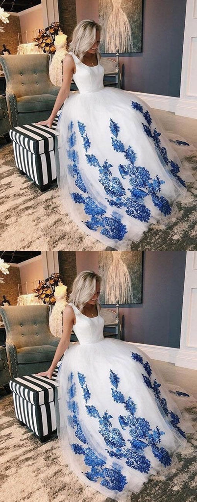 White Scoop Tulle Blue Lace Long Prom Dress, Evening Dress INE27