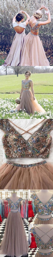 Two Piece V-neck Floor-length Rhinestone A Line Sexy Prom Dress INF17