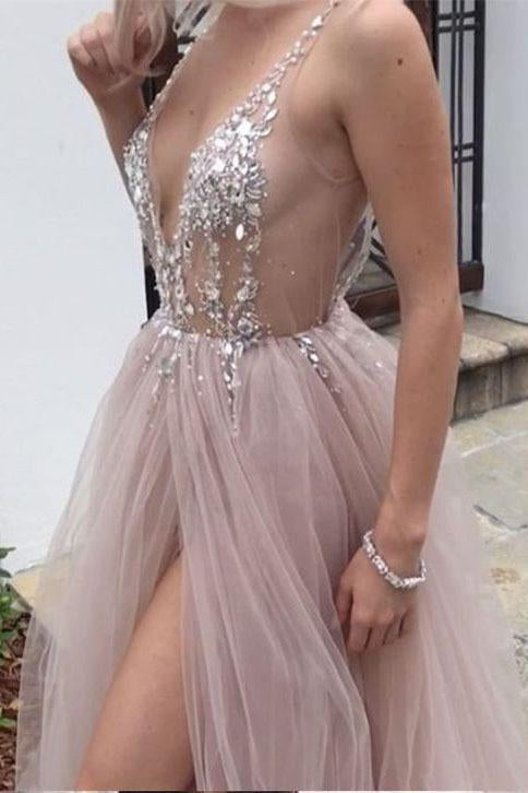 Dusty Pink A Line Tulle Prom Dress, V Neck Long Graduation Dress with Rhinestone INJ48